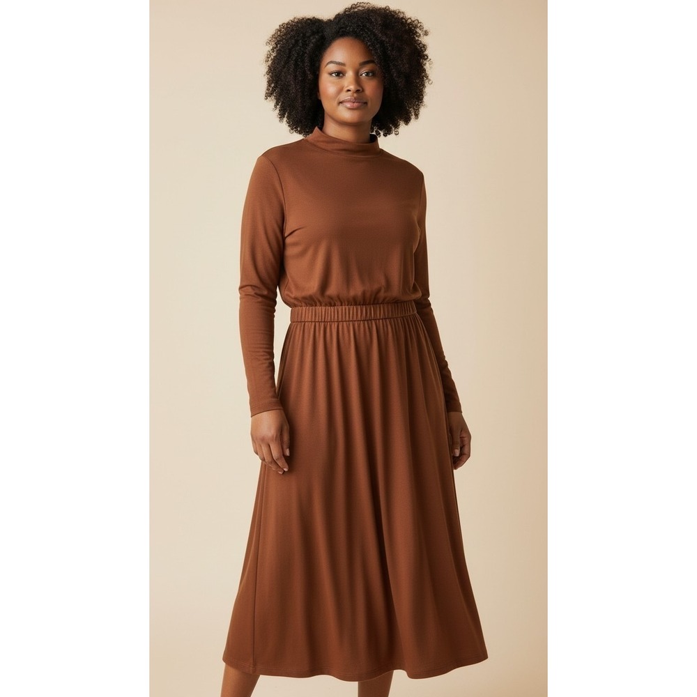 Fabs Vintage Brown Turtleneck Long Sleeve Elastic Waist Midi Dress‎ Womens L